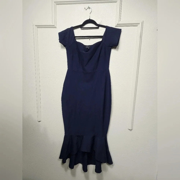 Lulus How Much I Care Midnight Blue Off-the-Shoulder Midi Dress Wedding Party - Picture 6 of 9